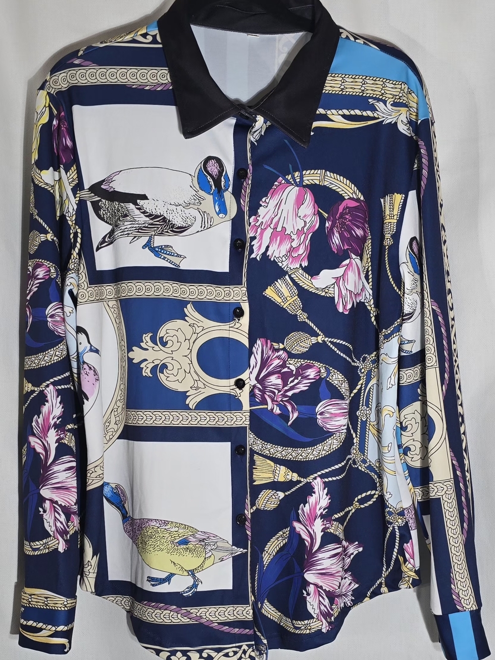 Navy Floral & Duck Print Button-Up Blouse